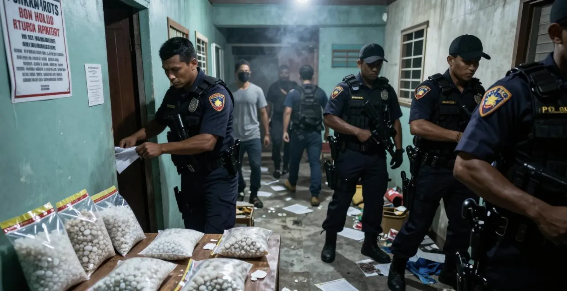 北阿古桑突袭缉毒行动扑空！嫌疑人趁乱逃脱，警方查获10万比索冰毒 配图