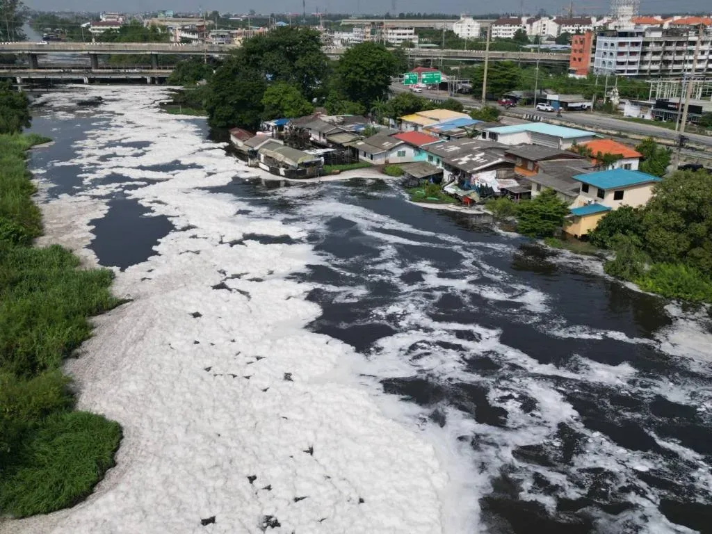 泰国巴吞他尼府兰实运河现黑水白色泡沫：居民称水位上涨近1米 ... — 正文配图