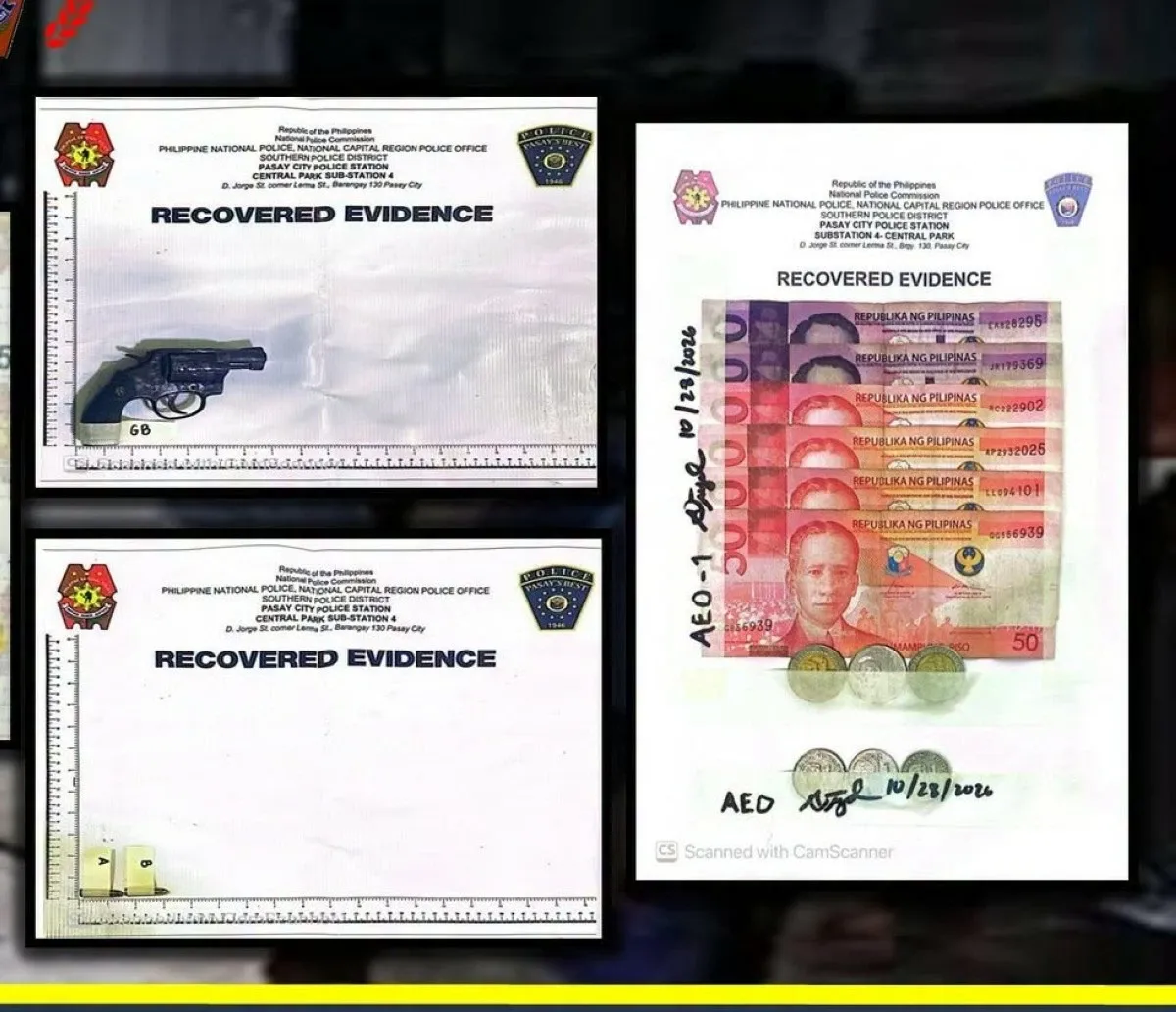 Police display the seized .38-caliber revolver without a serial number, two live cartridges, and ₱430 in alleged gambling proceeds and betting money recovered during the arrest of three men for alleged cara y cruz gambling at the Pasay City Roman Catholic Cemetery (Photo from Pasay City Police)